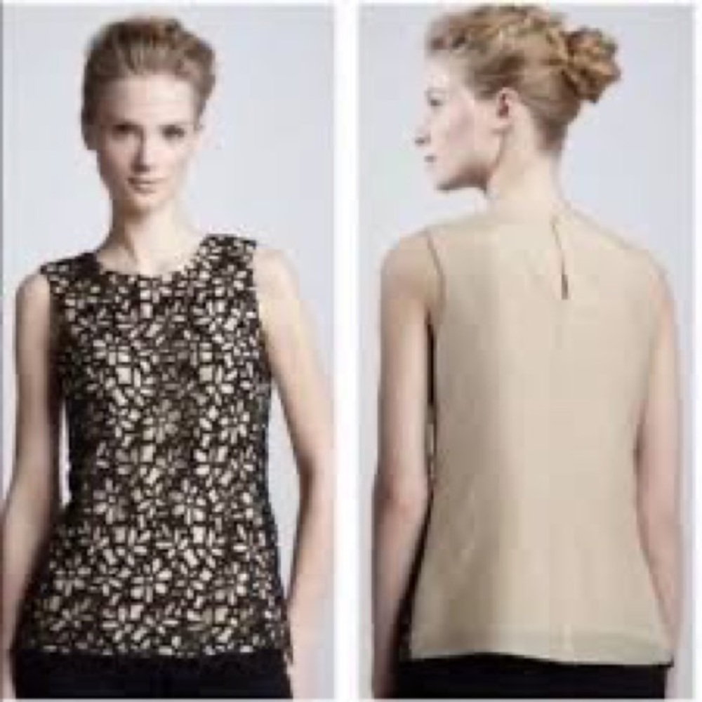 Lela Rose Neiman Marcus exclusive stunning black laced blouse with tan lining